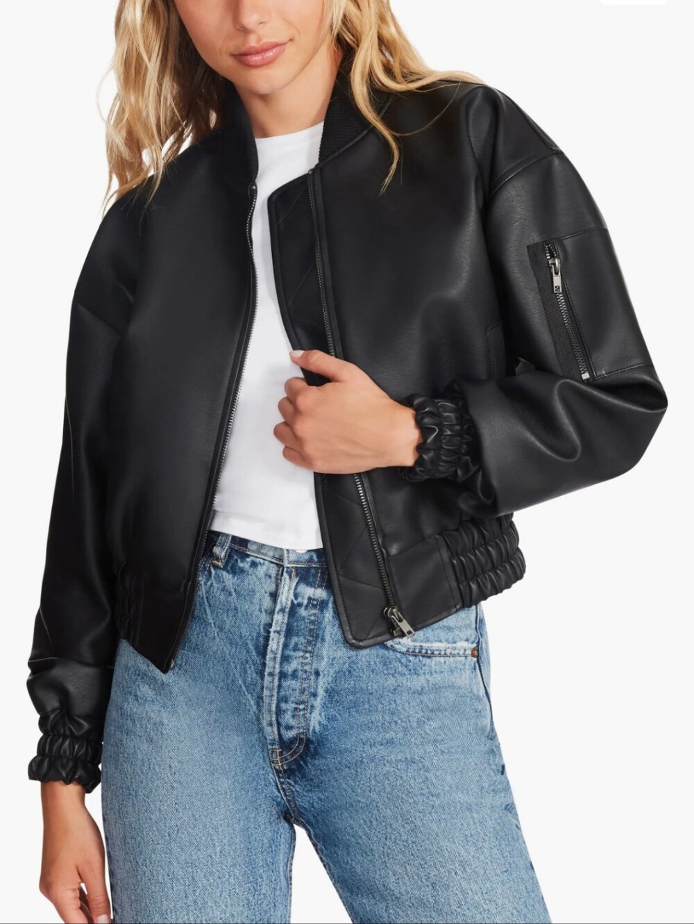 Steve Madden Parker Black Faux Leather Bomber Jacket